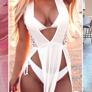HOT MIAMI STYLES white crochet double slit coverup in white. Size: M.